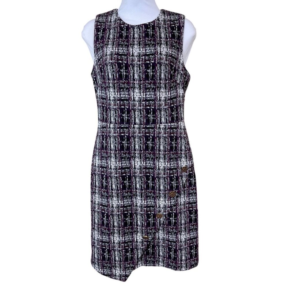 DKNY Sleeveless Purple Black Plaid Tweed Sheath Dress Button Accents Size 2